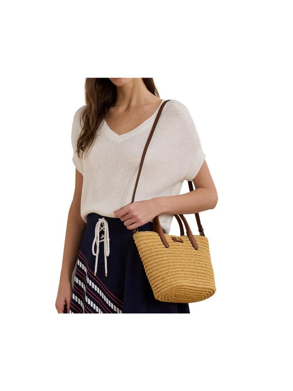 RALPH LAUREN Brie woven straw leather trim small tote shoulder bag -Natural - Picture 2 of 13